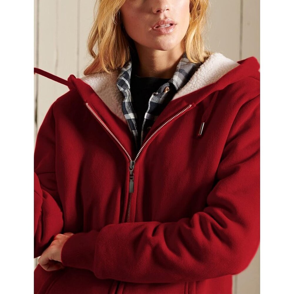 Women's Winered Casual Full Zip Sherpa Lined Hoodie Sweatshirt Jacket Coat - Picture 3 of 6